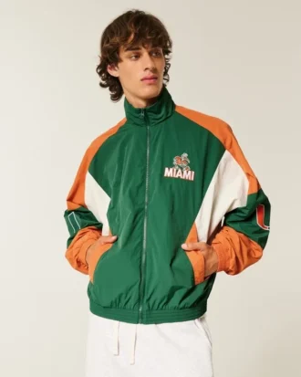 Casaco corta-vento com gráfico da Universidade de Miami Hurricanes