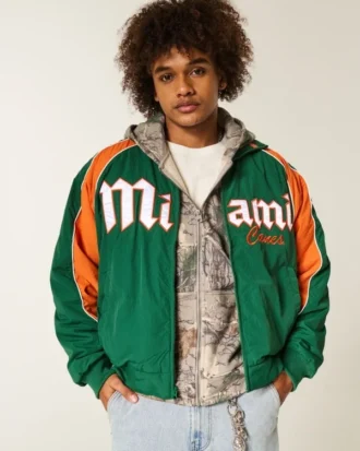 Casaco corta-vento com gráfico da Universidade de Miami Hurricanes