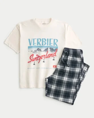 Conjunto de t-shirt com estampado suíço e calças de pijama de flanela
