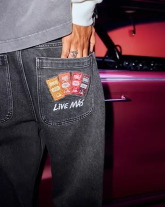 Hollister x Taco Bell Calças de ganga largas pretas lavadas com bordado gráfico