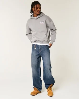 Jeans super largos com logótipo bordado em lavagem escura