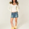 Mini-saia-calça de ganga bordada de cintura baixa
