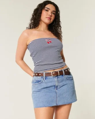 Mini-saia-calça de ganga curvilínea de cintura baixa e lavagem média
