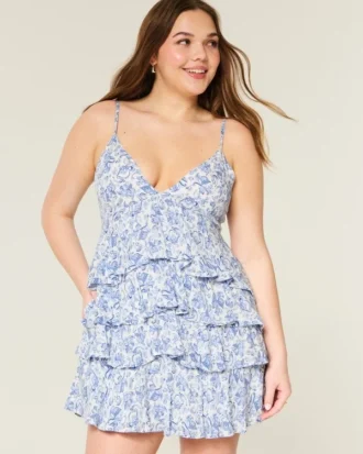 Mini vestido babydoll com decote em V e folhos