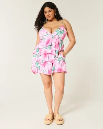 Mini vestido babydoll com decote em V e folhos