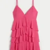 Mini vestido babydoll com decote em V e folhos