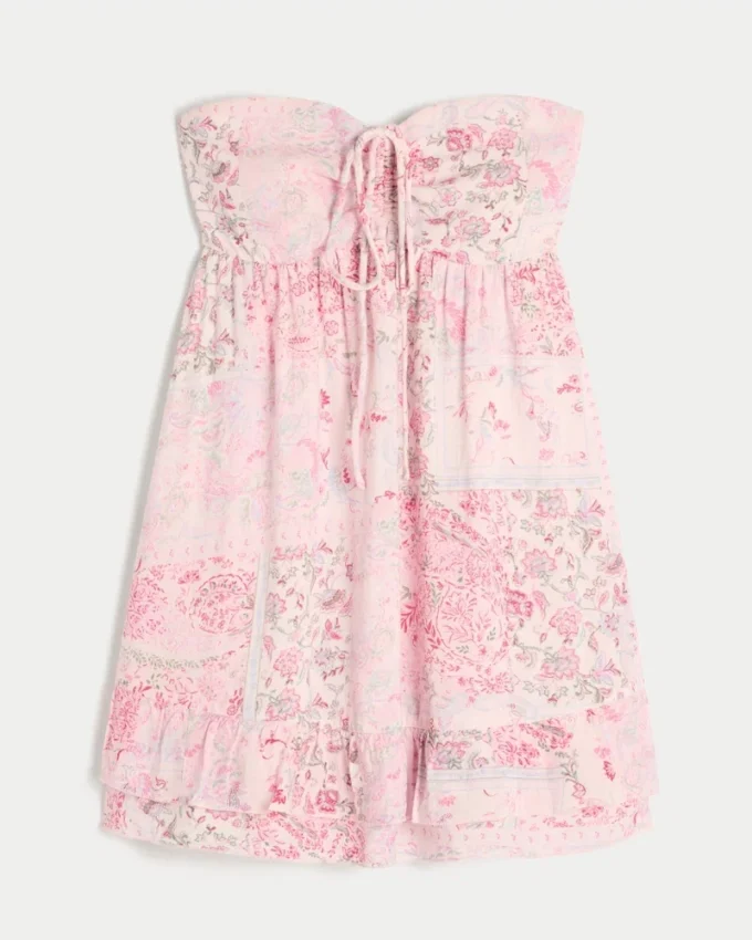 Mini vestido babydoll sem alças com folhos
