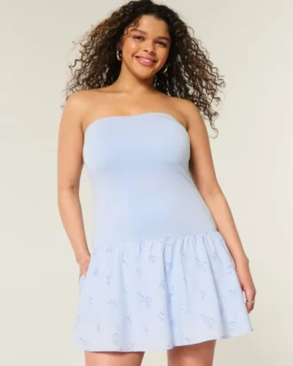 Mini vestido sem alças com cintura descida em malha