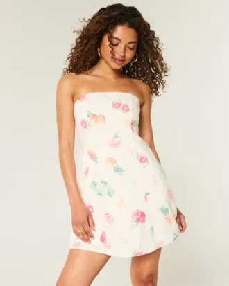 Mini vestido sem alças em mistura de linho