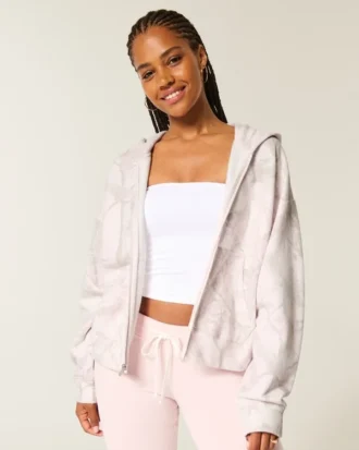Moletom com capuz e zíper rosa camuflado oversized