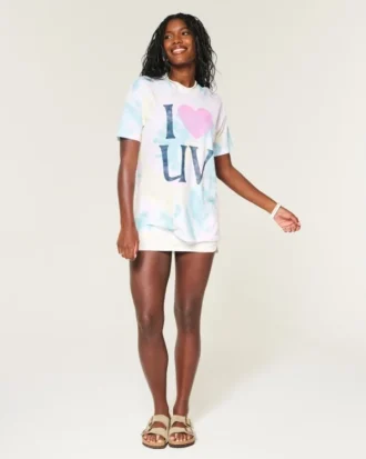 T-shirt oversized com estampado tie-dye e gráfico UV «I Heart»