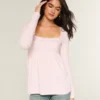 Top babydoll de manga comprida com acabamento em renda fácil Top babydoll de manga comprida com acabamento em renda fácil