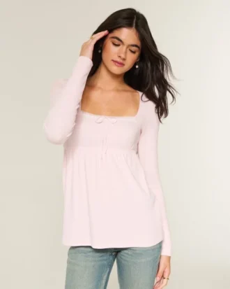 Top babydoll de manga comprida com acabamento em renda fácil