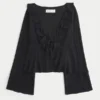 Top babydoll de manga comprida com folhos