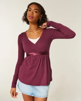 Top babydoll de manga comprida com frente cruzada