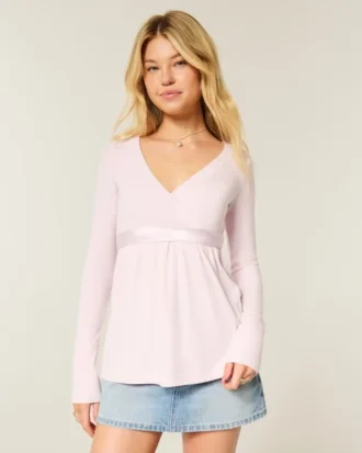 Top babydoll de manga comprida com frente cruzada