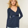 Top babydoll de manga comprida com frente cruzada