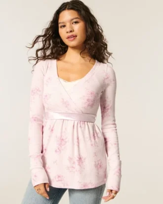 Top babydoll de manga comprida com frente cruzada