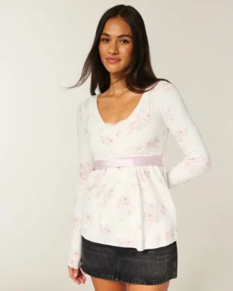 Top babydoll de manga comprida com frente cruzada