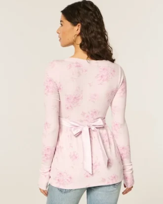 Top babydoll de manga comprida com frente cruzada