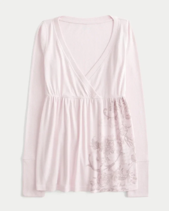 Top babydoll de manga comprida com padrão floral Top babydoll de manga comprida com padrão floral