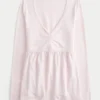 Top babydoll de manga comprida com pinças no peito