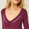 Top babydoll de manga comprida com pinças no peito