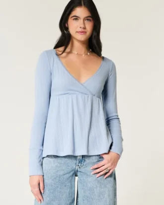 Top babydoll de manga comprida com ponto aberto