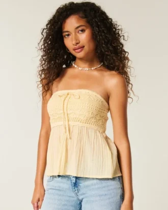 Top babydoll fácil sem alças em croché misto
