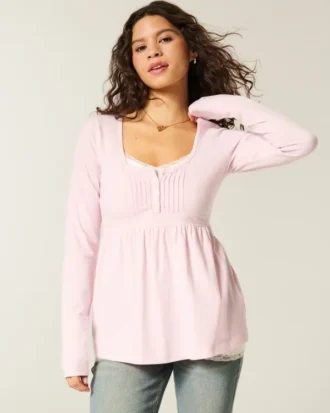 Top babydoll Henley de manga comprida