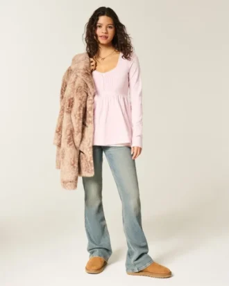 Top babydoll Henley de manga comprida
