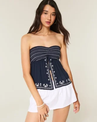Top babydoll sem alças com bordado
