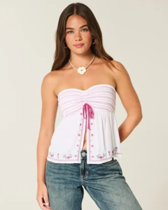Top babydoll sem alças com bordado