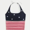 Top halter estilo croché com padrão da bandeira americana