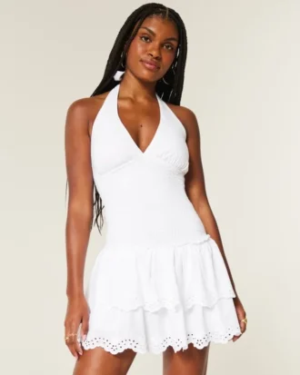 Vestido com saia-calça com smock duplo e alças