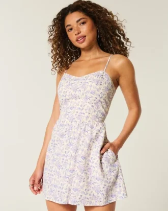 Vestido com saia-calça em mistura de linho com costas abertas