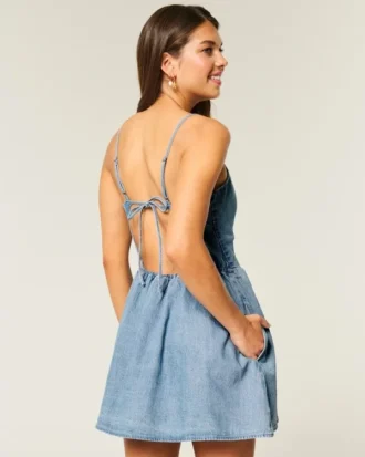 Vestido com saia-calça em mistura de linho com costas abertas