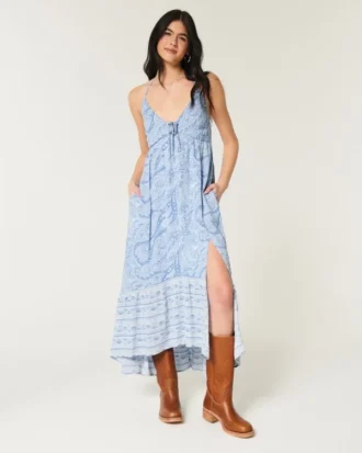 Vestido maxi assimétrico com decote halter
