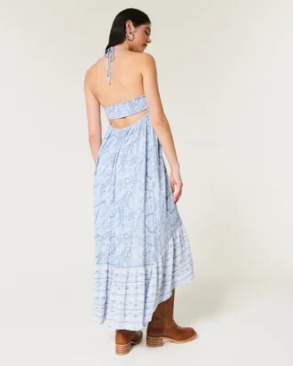 Vestido maxi assimétrico com decote halter