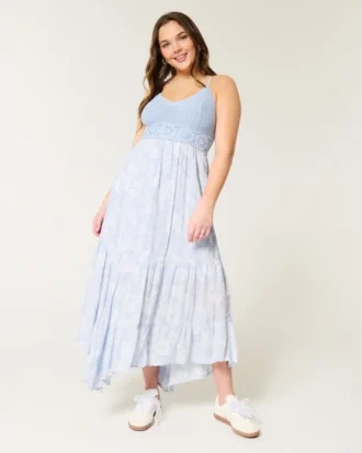Vestido maxi com decote em V estilo croché