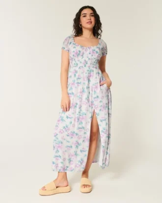 Vestido maxi de manga curta com costas abertas