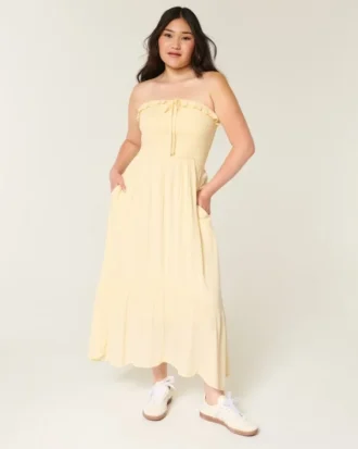 Vestido maxi sem alças com smock