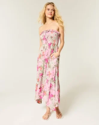 Vestido maxi sem alças com smock