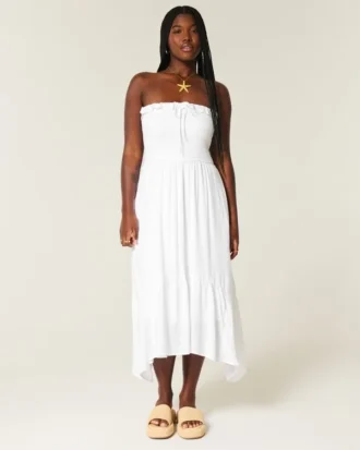 Vestido maxi sem alças com smock
