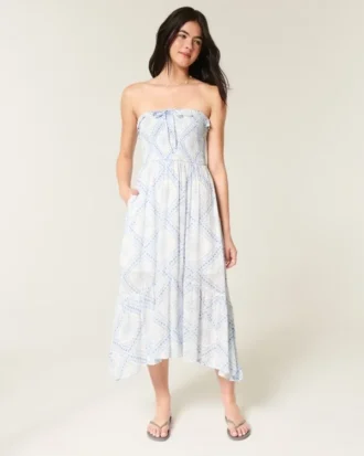 Vestido maxi sem alças com smock