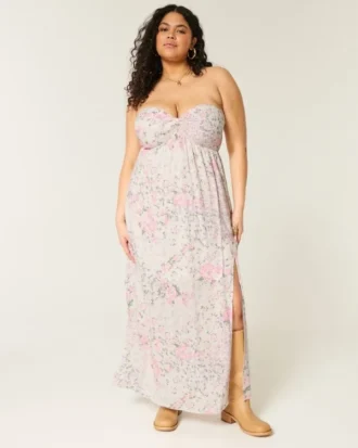 Vestido maxi sem alças com torção no busto