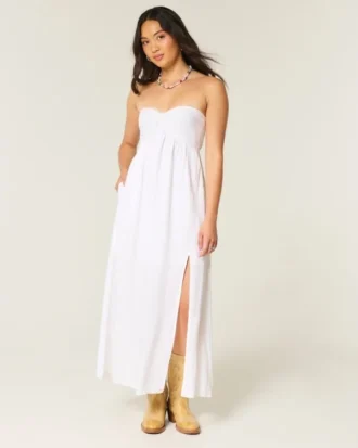 Vestido maxi sem alças com torção no busto