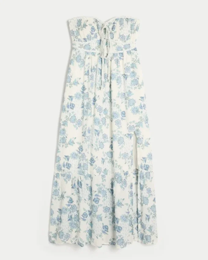 Vestido maxi sem alças com tranças