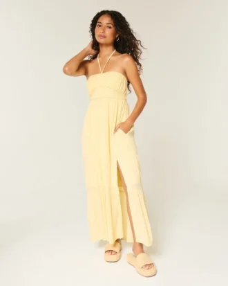 Vestido maxi sem alças com tranças