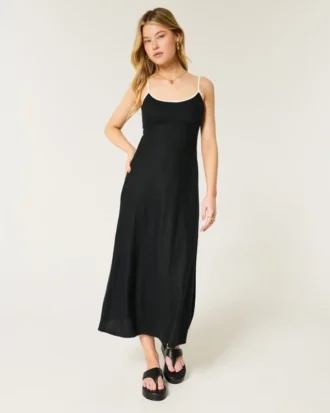 Vestido midi com costas abertas em mistura de linho